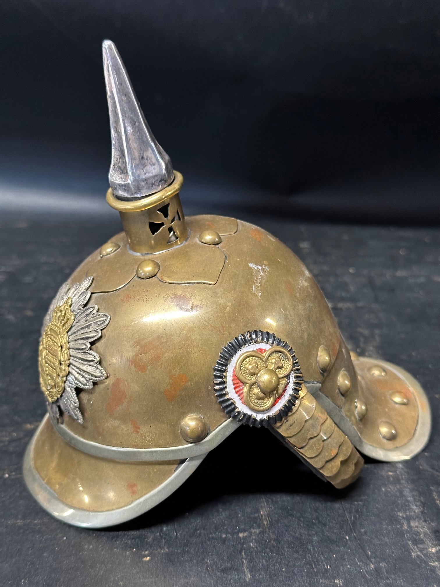 A salesman's sample of a pickelhaube brass helmet, 6" high, 6" long and 4 1/4" wide. - Image 2 of 4