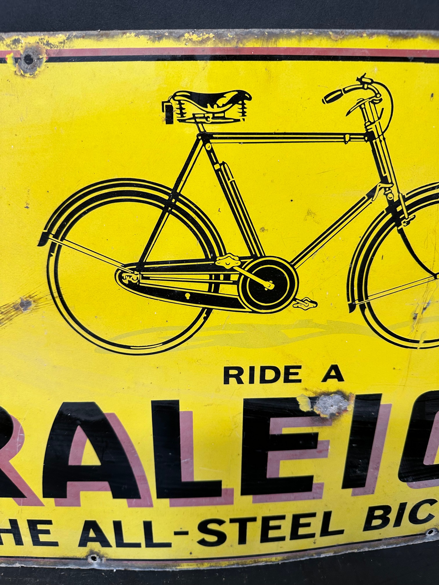 A Raleigh enamel advertising sign with illustration of bicycle, 'Ride a Raleigh the All-Steel - Image 4 of 6