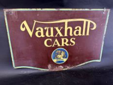 A Vauxhall Cars double sided enamel advertising sign with original brass hanging eyelets, 30 x 20