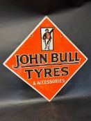 A John Bull Tyres double sided lozenge shaped enamel advertising sign, 28 x 28