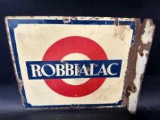 A Robbialac (car paint) double sided enamel advertising sign with hanging flange, 13 x 11