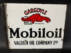 A Gargoyle Mobiloil Vacuum Oil Company double sided enamel advertising sign with hanging flange,