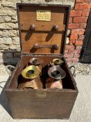 A County Borough of Wallasey (Wirral) wooden trunk containing four Chekpump copper pourers (1/2