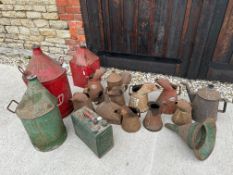 A selection of garage items inc. pourers, a funnels, pyramid can etc.