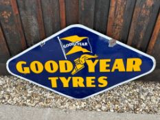A Goodyear Tyres double sided hanging enamel advertising sign, 48 3/4 x 26 1/4