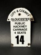 A Gloucester (City & Council) enamel plaque sign for Hackney Carriage 4 Seats, no. 14, 6 x 4