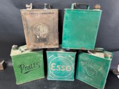 Five two gallon cans: Shell, Shell-Mex, Esso, Pratts and plain, various caps, see image.