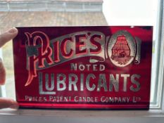 A Price's Noted Lubricants red window glass advertising sign/panel, 9 x 5 1/2
