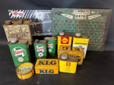 A quantity of garage tins etc. inc. KLG, Castrol, Shell, Duckhams plus a Sidcup Kent motor keys