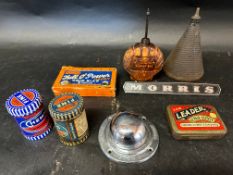 A selection of garage items including a Shell oiler, a Kayes oiler, two Chemico paste tins, a Leader