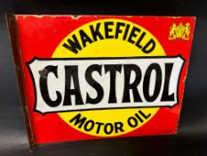 A Wakefield Castrol Motor Oil double sided enamel advertising sign with hanging flange by Bruton
