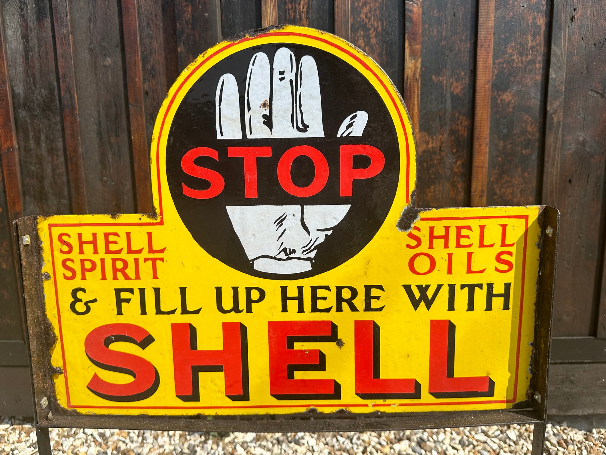 A Shell Spirit and Shell Oils double sided enamel advertising sign set in garage forecourt stand, - Image 3 of 4