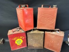 Five two gallon cans: Esso, Shell-Mex, SM&BP, BP Motor Spirit and a plain, various caps see images.