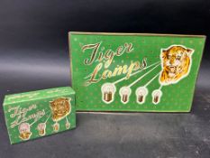 A Tiger Lamps tin and a complete box of tiger lamps. 10