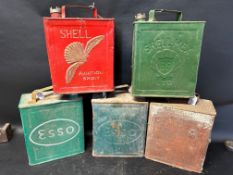 Five two gallon cans: Shell Aviation Spirit, 2 x Esso, Shell-Mex and a plain, various caps see