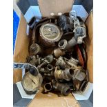 A selection of carburettor, speedometers etc. (one box).