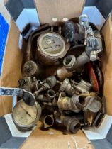 A selection of carburettor, speedometers etc. (one box).