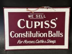 A Cupiss' Constitution Balls for Horses, Cattle & Sheep embossed hanging showcard, 9 1/2 x 6 1/4