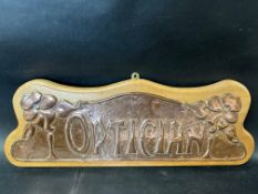 An Art Nouveau Optician hanging advertising sign, copper later mounted on wood, 25 1/4 x 9 1/4