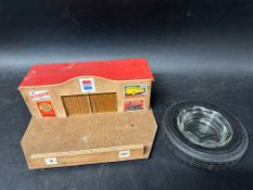 A Dunlop tyre ashtray and a home built wooden toy garage.