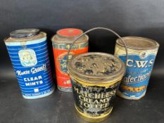A Matchless Creamy Toffee bucket tin and three shop counter dispensing tins: C.W.S Superior