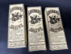 Three empty boxes of Laverack's Saline.