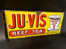 A Ju-Vis Beef Tea pictorial double sided enamel advertising sign depicting a breakfast cup, with