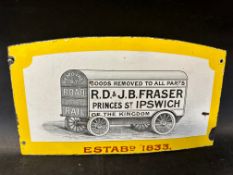A rare and small enamel advertising sign for R.D. & J.B. Fraser Removals of Princes St. Ipswich,