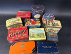 11 tins advertising Jacob & Co's Biscuits (x2), Sharp's Kreemy Toffee, Lovell's toffee Rex, Maynards