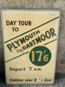 A Plymouth via Dartmoor day tour advertising tin sign on wooden backing, 24 x 36