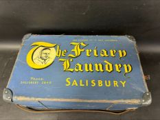 A laundry box from The Friary Laundry of Salisbury with straps inside, 23 3/4 x 14 1/2 x 6 1/2