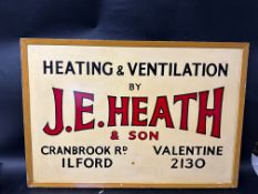 A J.E. Heath & Son Heating and Ventilation of Ilford wooden advertising sign, 38 x 25 3/4