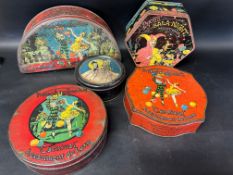 Five large jester tins inc. Mackintosh's Carnival Assortment (x3), Lyons' Gala Night Assortment