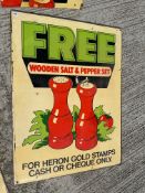 Advertising boards for Heron Gold Stamps FREE wooden salt and pepper sets, 35 3/4 x 48