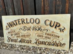 A hand sign written painted sign commemorating the Waterloo Cup, Great Altcar, Lancashire