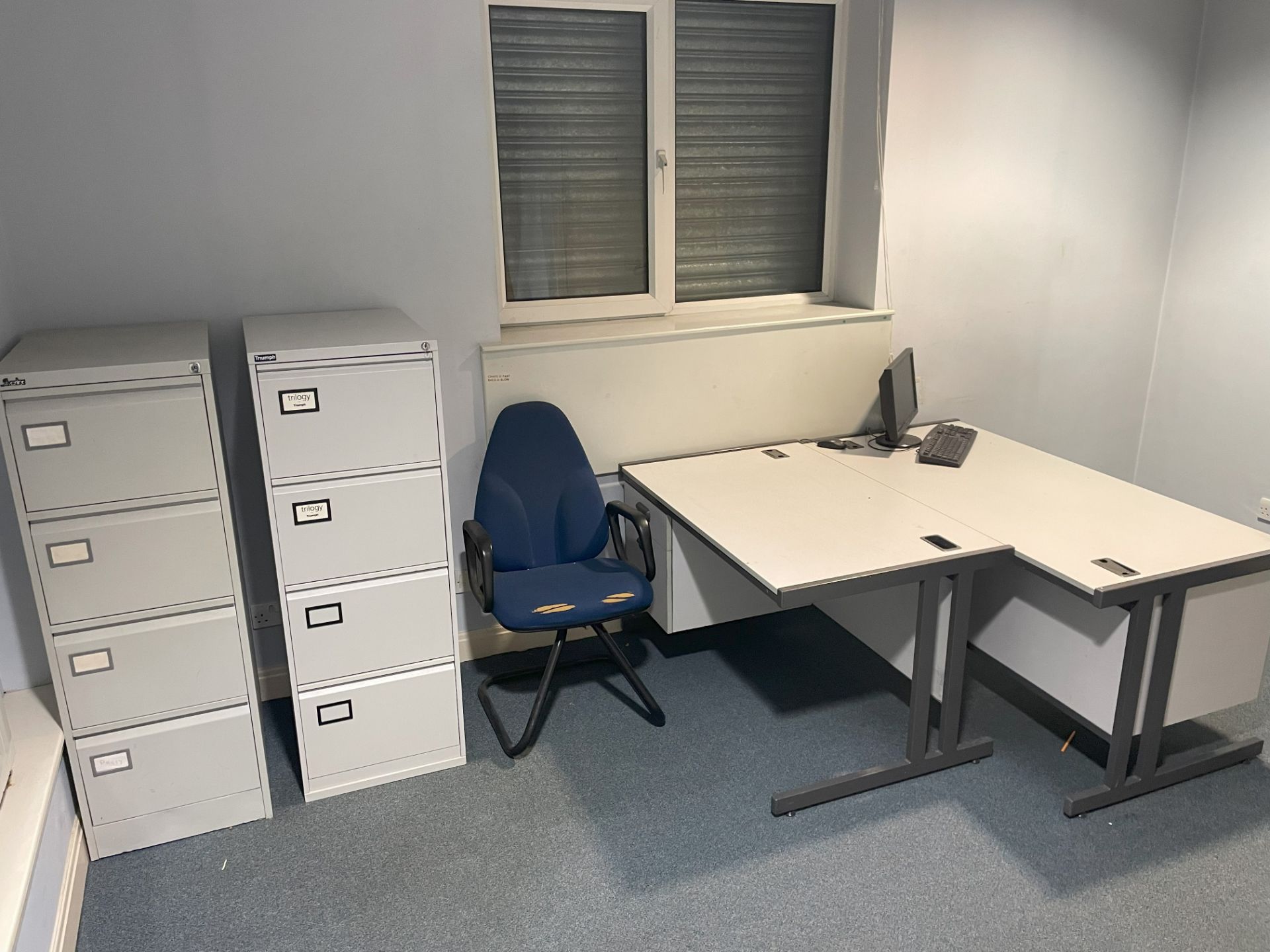 G Floor 01 Office Furniture - 2 x 4 Drawer Filing Cabinets and 2 x Desks and Chair (without contents