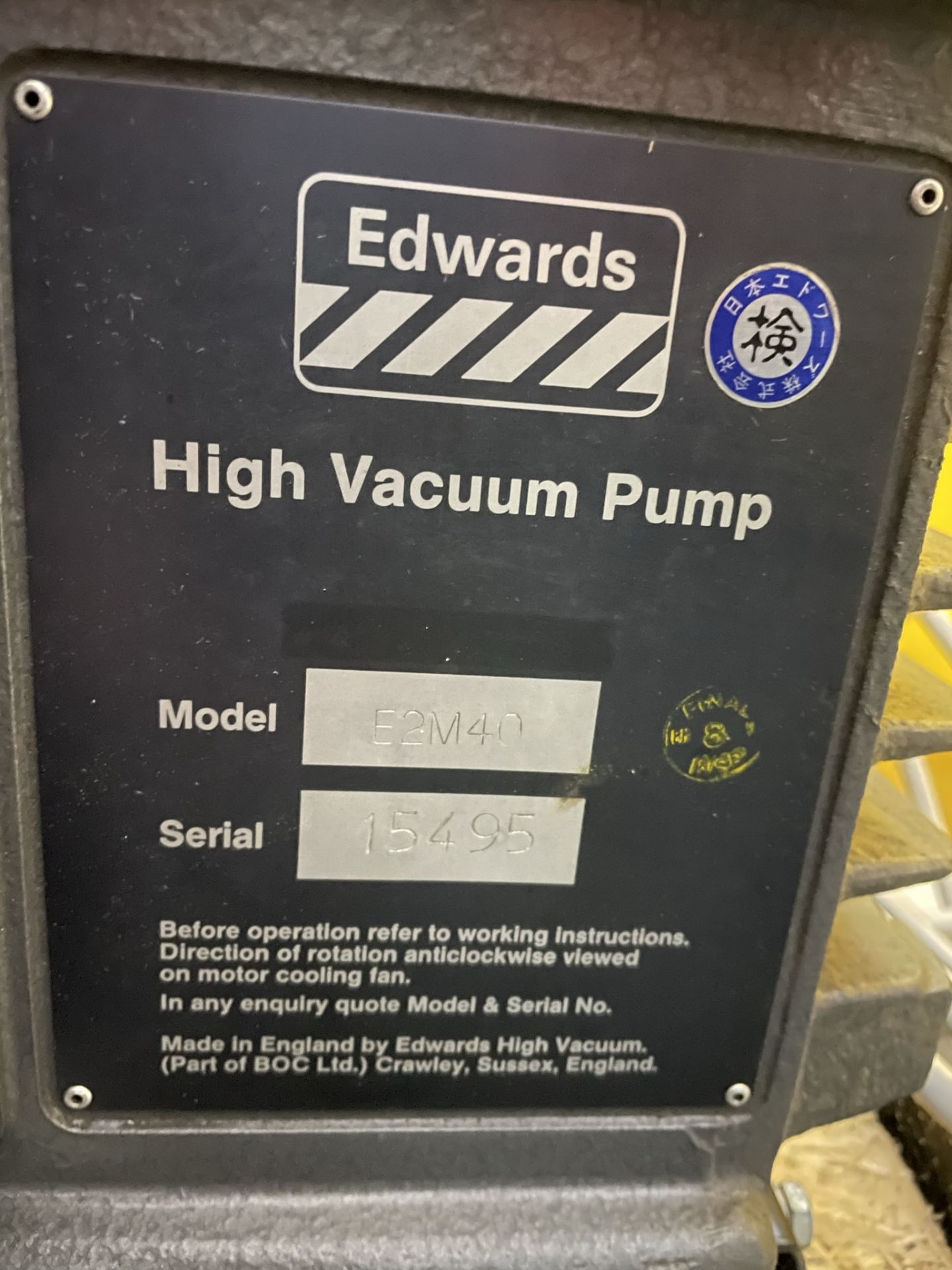 Edwards E2M40 Rotary Vacuum Pump 3 Phase (stored offsite Oldham, see viewing details) - Image 2 of 2