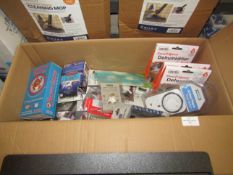 Box Containing Approx 20 Items being Scissors Headphones Plug in Timer Battery Tester