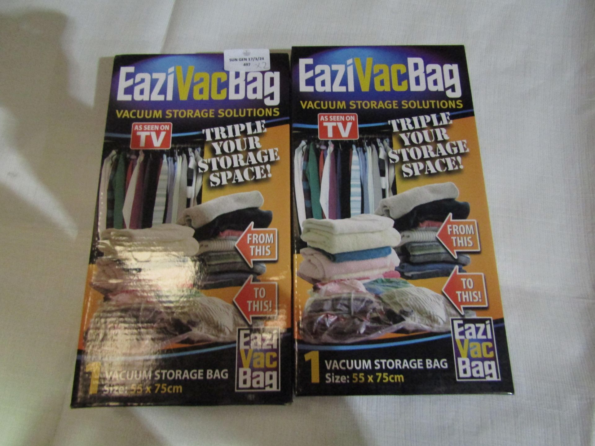2 X Eazivac Bags Size 55 X 75 CM Unchecked & Boxed