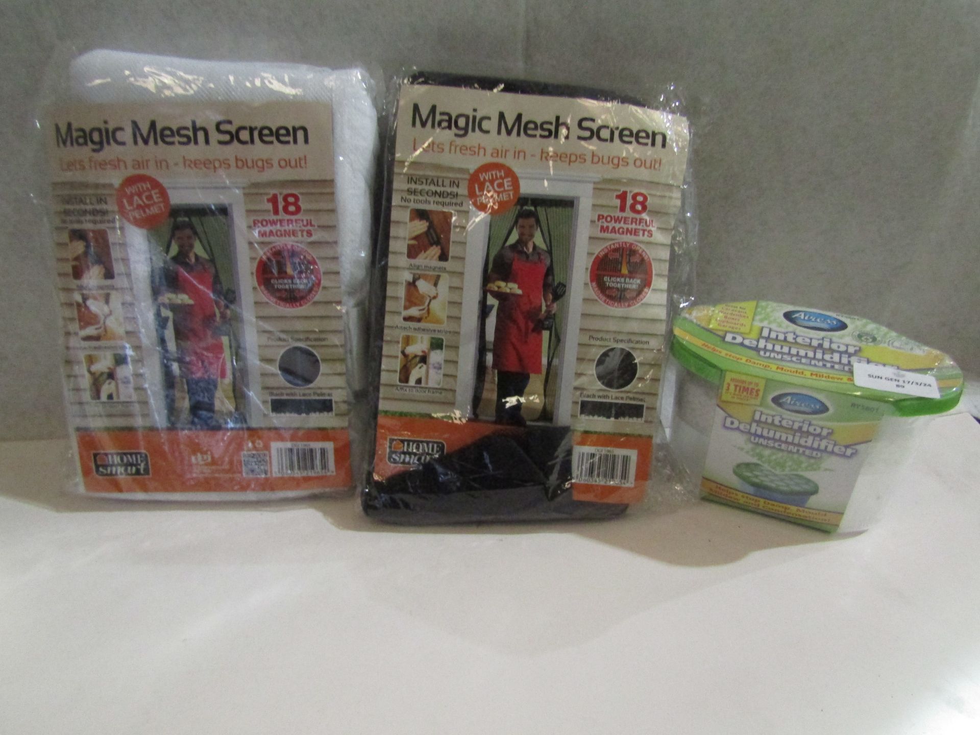 3x Items Being 2x Magic Mesh Screens, 1x Interior Dehumidifier, Unchecked & Packaged.