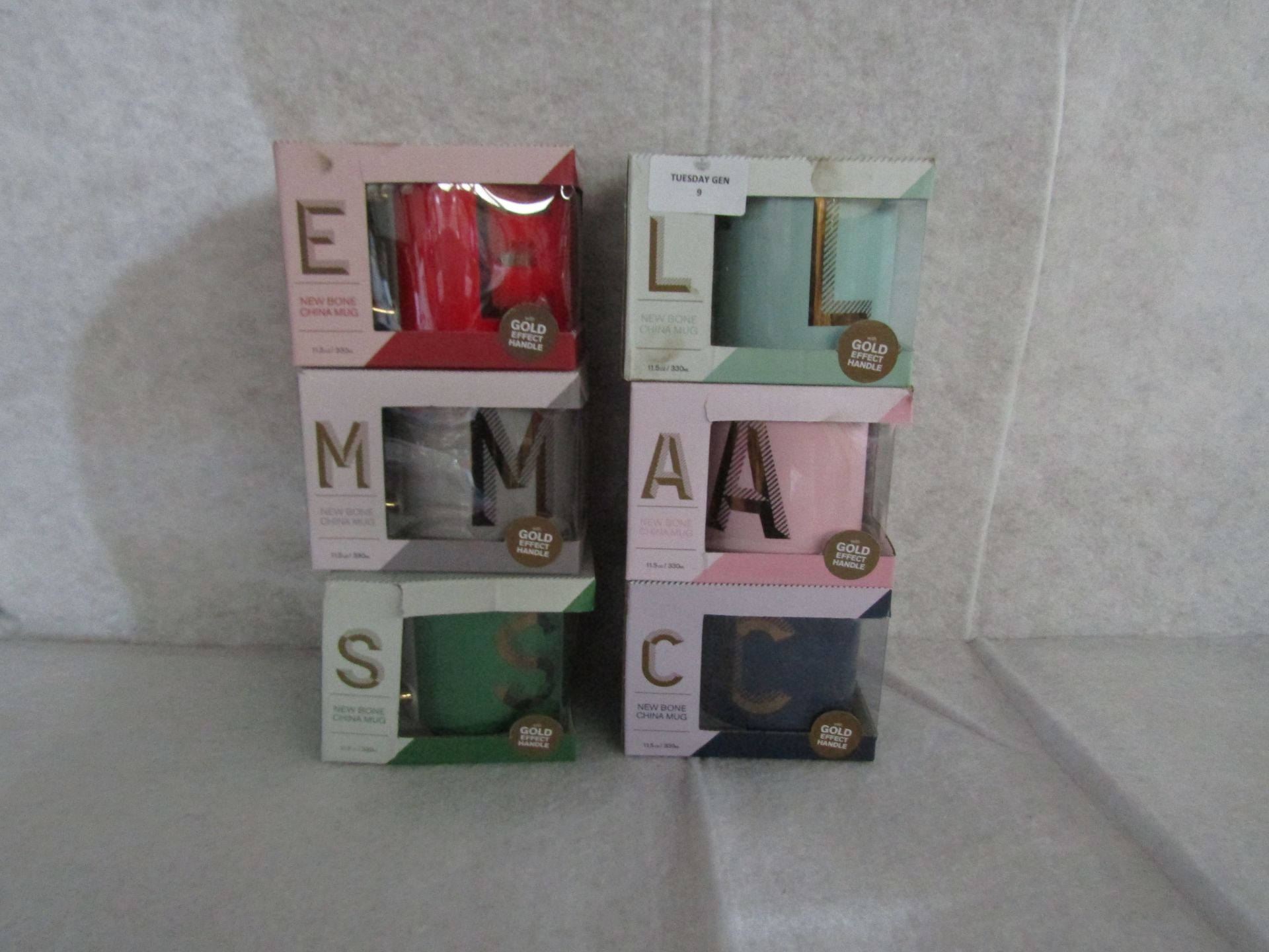 6x Various Letter Mugs - Boxed.