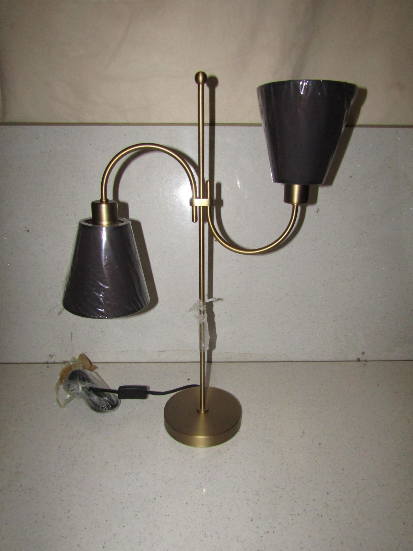 Pair of 2 Chelsom - Chicane Antique Bronze Double Table Lamp With Grey With Cooper Inner Lining