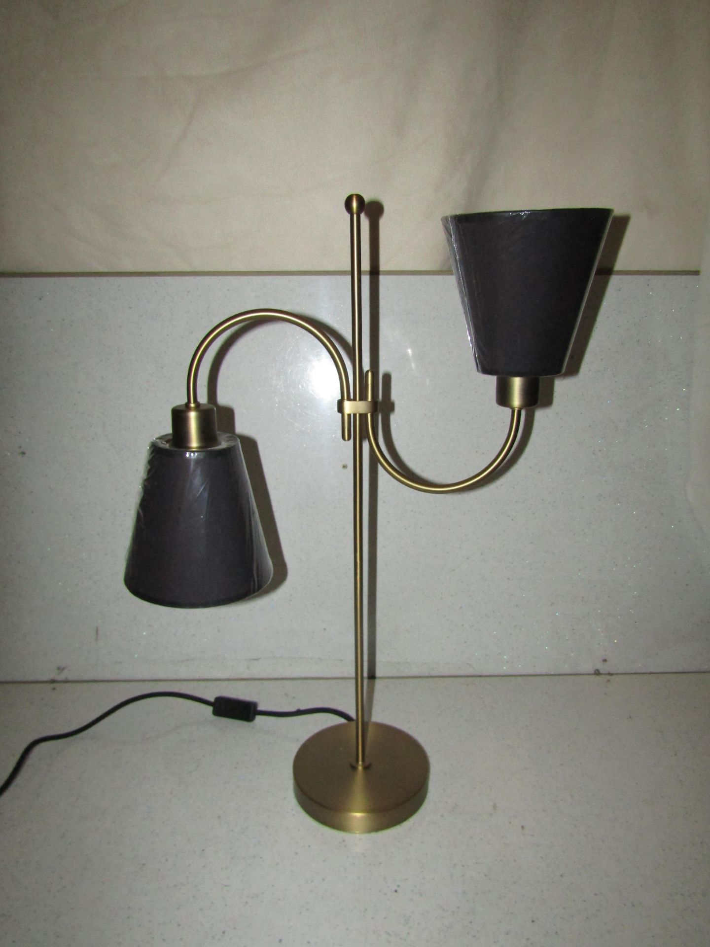 Chelsom - Chicane Antique Bronze Double Table Lamp With Grey With Cooper Inner Lining Shades - New.