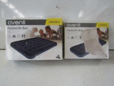 1x Avenli - Flocked Air Bed / Double - Boxed. 1x Avenli - Flocked Air Bed / Single - Boxed.