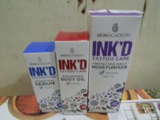 3x Skin Academy INK'D Tattoo Care Products - Good Condition & Boxed. Please See Image For Products.