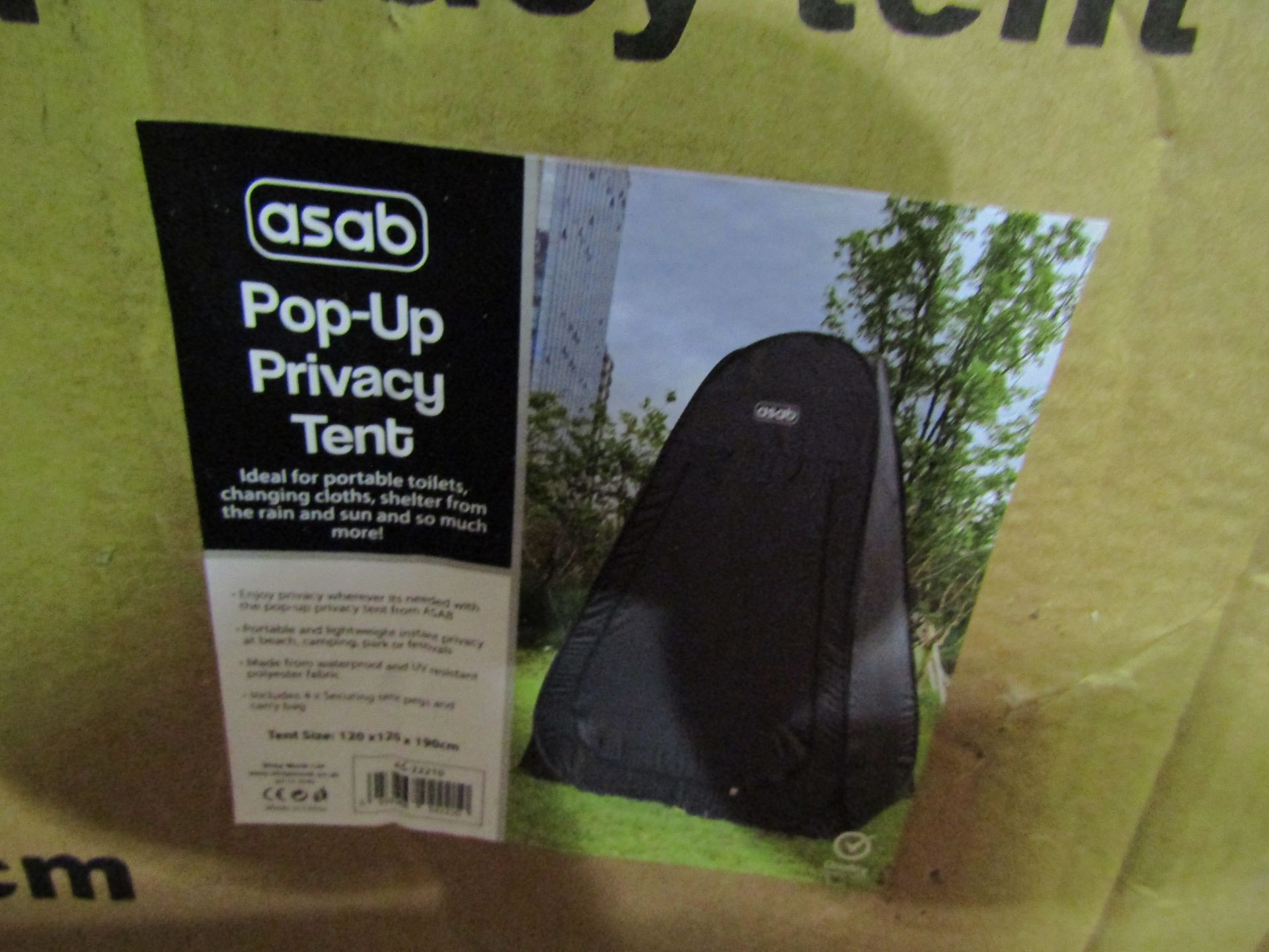 Asab Pop-up privacy tent.(ideal for using a camping toilet) Boxed but unchecked