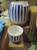 2x Sasse & Belle Items Being - 1x Paros Blue Stripe Vase Small - 1x Paros Blue Stripe Planter - Both