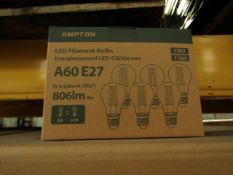 Pack of 6 Ampton A60 E27 8w LED filament light bulbs, new and boxed