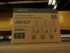 Pack of 6 Ampton A60 E27 8w LED filament light bulbs, new and boxed