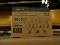 Pack of 6 Ampton A60 E27 8w LED filament light bulbs, new and boxed